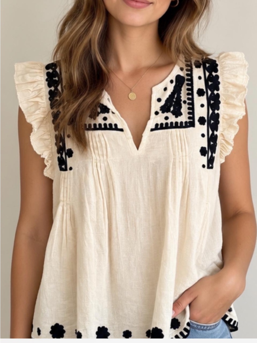 NWT Jennifer & Grace Ivory Embroidered Cotton Boho Top Size M | Ruffle Flutter